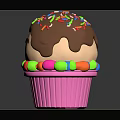 Smiling Cupcake With Chocolate Frosting Colorful Sprinkles Pink Cup And Candy Decorations