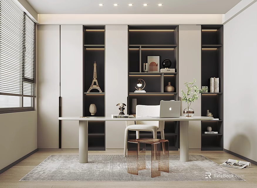 Modern Study Room With Built in Shelves Desk And Decor 3d model