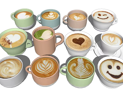 Colorful Ceramic Mugs Filled With Coffee Drinks Featuring Heart And Smile Latte Art 3d model