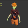 3D Rendered Game Character With Orange Hair Dark Shirt And Orange Pants