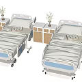 Medical Single Beds with Wooden Bedside Tables Vases White Sheets Blue Borders and Wheels
