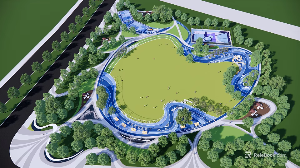 Scenic Park Landscape With Open Green Lawn Winding Paths And Trees 3d model 