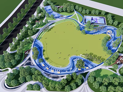 Scenic Park Landscape With Open Green Lawn Winding Paths And Trees 3d model