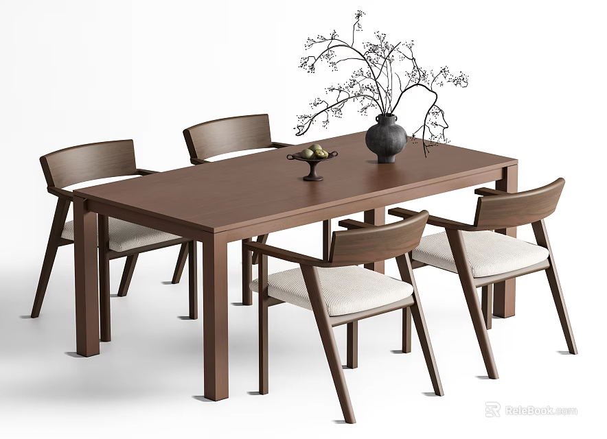 Rectangular Wooden Dining Table Set With Four Chairs Light Cushions Black Vase And Fruit Bowl 3d model 