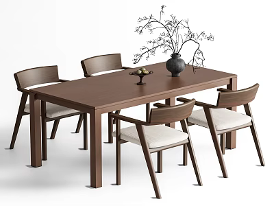 Rectangular Wooden Dining Table Set With Four Chairs Light Cushions Black Vase And Fruit Bowl 3d model