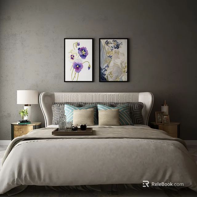 Double Bed in Modern Bedroom with Gray Walls Decorative Paintings Nightstands Table Lamp and Pillows 3d model 