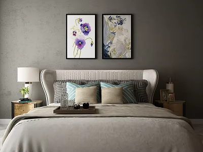 Double Bed in Modern Bedroom with Gray Walls Decorative Paintings Nightstands Table Lamp and Pillows 3d model