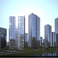 Modern Riverside High Rise Residential Buildings with Glass Curtain Walls Roads Trees and City Skyline