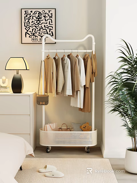 Modern Clothes Rack With Hanging Neutral Colored Clothes And Storage Basket In Cozy Bedroom 3d model 
