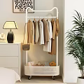 Modern Clothes Rack With Hanging Neutral Colored Clothes And Storage Basket In Cozy Bedroom