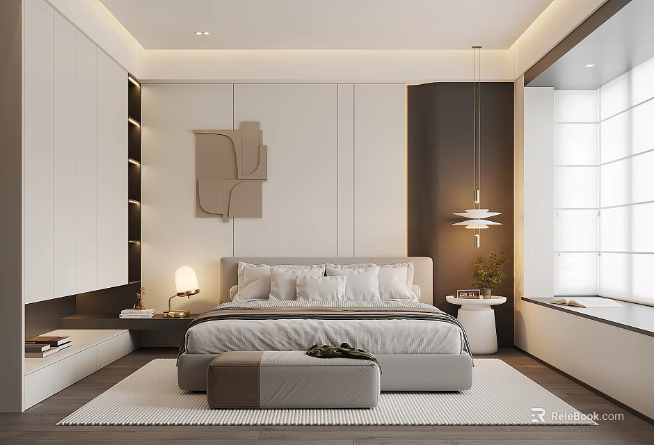Modern Elegant Bedroom Interior With Upholstered Bed Nightstand Hanging Lamp Decorative Art And Window Rug 3d model 