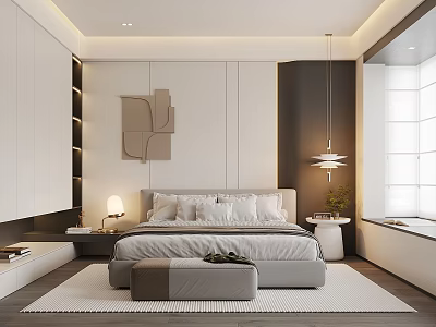 Modern Elegant Bedroom Interior With Upholstered Bed Nightstand Hanging Lamp Decorative Art And Window Rug 3d model