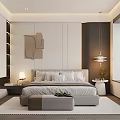 Modern Elegant Bedroom Interior With Upholstered Bed Nightstand Hanging Lamp Decorative Art And Window Rug