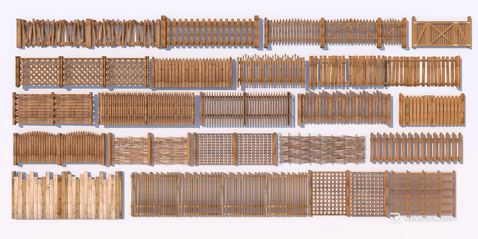 Various Styles of Wooden Garden Fence with Classic and Modern Patterns 3d model 