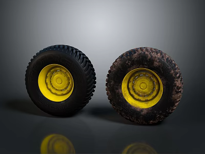 Two Black Tires Featuring Yellow Rims and Muddy Worn Tread Surfaces 3d model