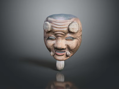 Traditional Wooden Animal Mask With Wrinkled Face Round Protrusions And Smiling Beard 3d model