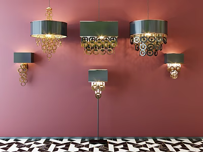 Modern Chandeliers With Metallic Rings Hanging On Pink Wall Over Black White Geometric Floor Tiles 3d model