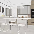 Modern Restaurant Open Kitchen Design With Wooden Cabinets White Island Chairs Pendant Lights And Blinds