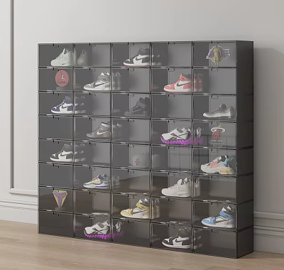 Organized Shoe Collection Display on Modern Rack with Clear Individual Compartments 3d model