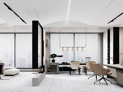 Modern Office Interior Design With Large Windows Desk Chairs And Hanging Lights 3d model