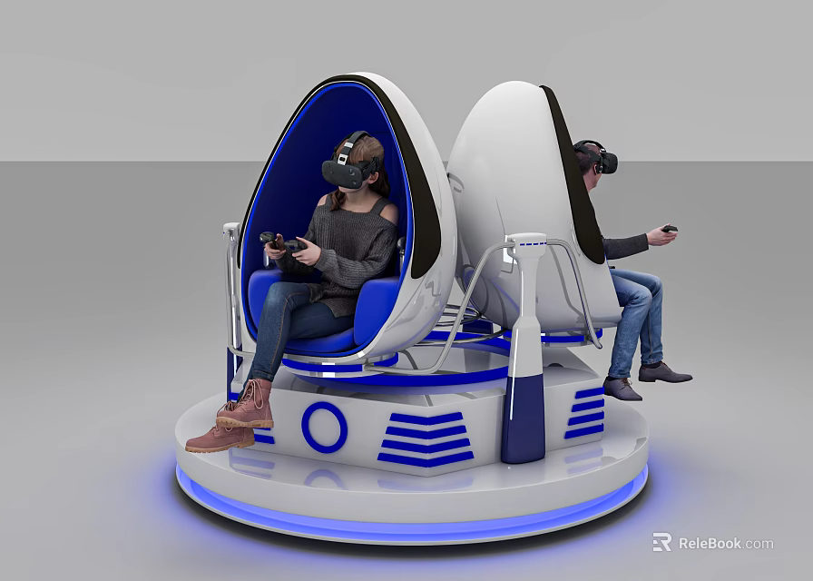People Using VR Headsets On Egg Shaped Seats With Circular Platform And Blue Lighting 3d model 