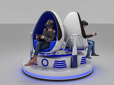 People Using VR Headsets On Egg Shaped Seats With Circular Platform And Blue Lighting 3d model