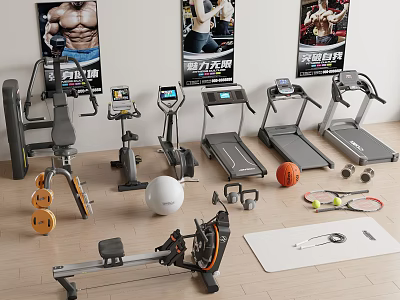 Modern Sports Equipment Collection With Treadmills Exercise Bikes Rowing Machine Dumbbells And Yoga Mat 3d model