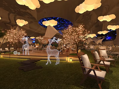 Enchanting Outdoor Restaurant With Cloud Shaped Lights Starry Sky Background Giraffe Decorations And Illuminated Trees 3d model