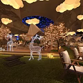Enchanting Outdoor Restaurant With Cloud Shaped Lights Starry Sky Background Giraffe Decorations And Illuminated Trees