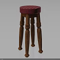 Wooden Furniture Stool With Red Plaid Seat And Carved Decorative Legs Design