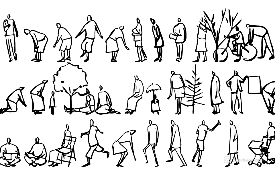 Black and White Stick Figure Wall Decor with Various Poses Trees and Chairs 3d model 