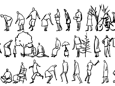 Black and White Stick Figure Wall Decor with Various Poses Trees and Chairs 3d model