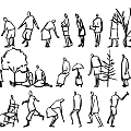 Black and White Stick Figure Wall Decor with Various Poses Trees and Chairs