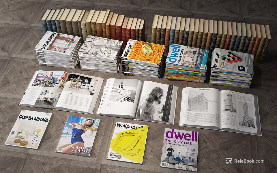 Stacked Books And Open Magazines With Colorful Covers On Wooden Floor 3d model 
