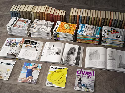 Stacked Books And Open Magazines With Colorful Covers On Wooden Floor 3d model