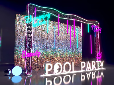 Vibrant Pool Party Photo Spot With Neon Lights Glitter Wall And Hanging Decorations 3d model