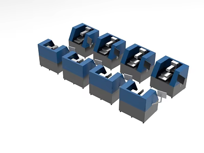 Multiple Blue Mechanical Industrial Equipment Units Neatly Arranged in Rows 3d model