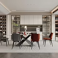 Elegant Modern Restaurant Interior With Dining Table Red Gray Chairs Cabinets And Decorative Plants