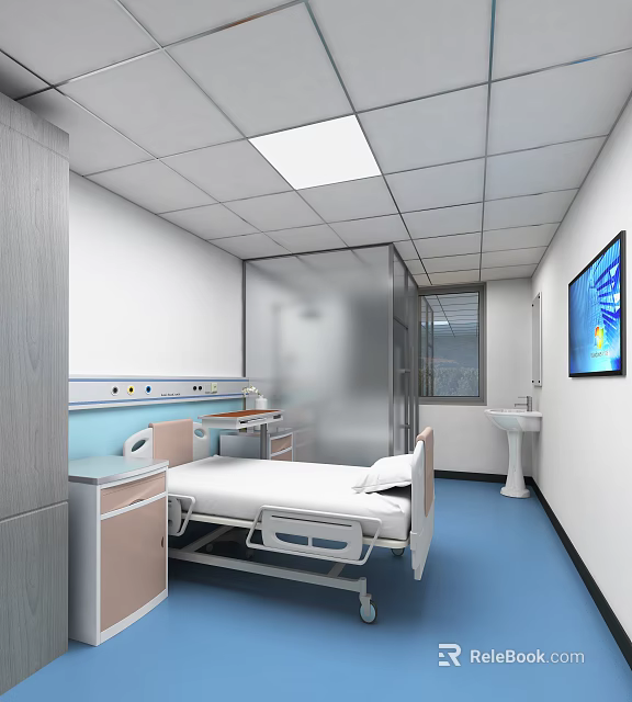 Modern Hospital Ward With Bedside Cabinet Sink TV And Glass Partition 3d model 