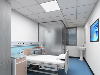 Modern Hospital Ward With Bedside Cabinet Sink TV And Glass Partition 3d model