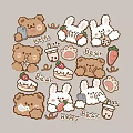 Cute Cartoon Bear And Bunny Stickers With Carrot Cake Drink Paw Print And Happy Text