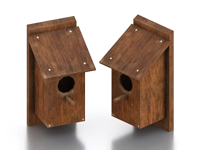 Two Wooden Birdhouses With Sloped Roofs And Circular Entrance Holes Standing On Reflective Surface 3d model