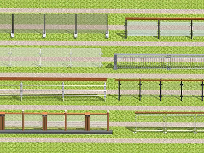 Different Style Railings Including Wooden Metal Glass In Outdoor Green Grass Areas 3d model