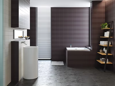 Modern Bathroom Interior With White Pedestal Washbasin Dark Tile Walls And Bathtub 3d model