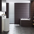Modern Bathroom Interior With White Pedestal Washbasin Dark Tile Walls And Bathtub