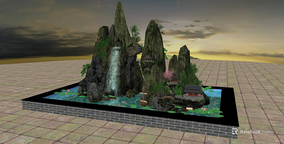 Scenic Garden Ornament with Rock Formations Waterfall Pavilion and Green Plants 3d model 