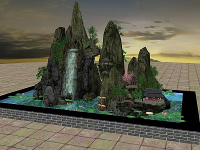 Scenic Garden Ornament with Rock Formations Waterfall Pavilion and Green Plants 3d model