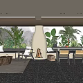 Modern Dining and Living Room Interior With Fireplace Green Plants And Cozy Seating