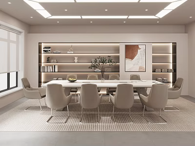 Modern Conference Room Interior with Long Table Beige Chairs Bookshelves and Wall Painting 3d model