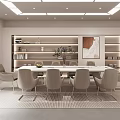 Modern Conference Room Interior with Long Table Beige Chairs Bookshelves and Wall Painting